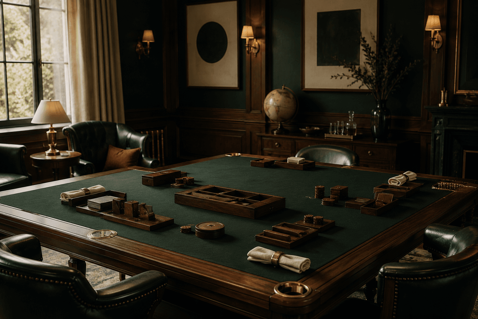 An empty club room with a long organised green table