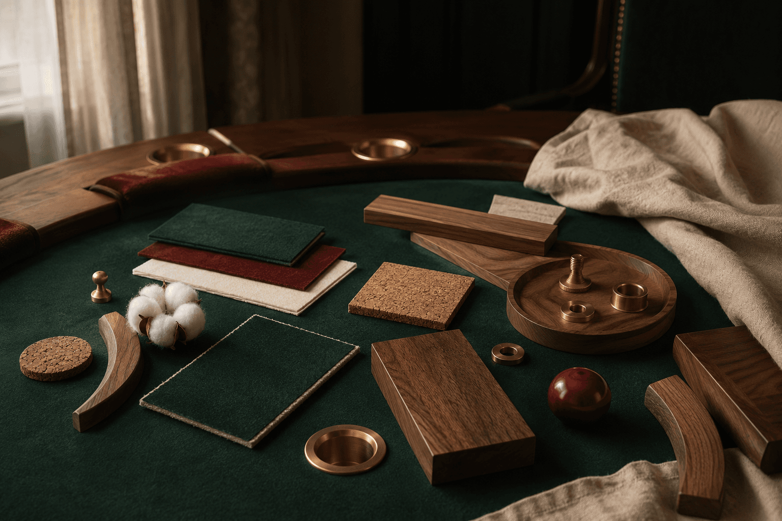 Walnut, felt, cotton, cork and brass material samples on a work table