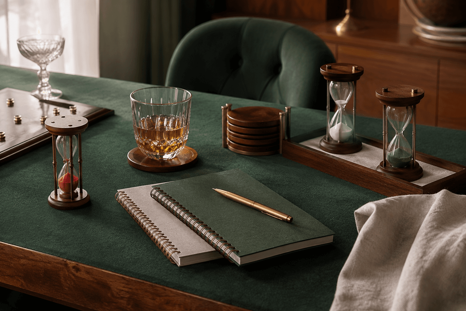 Score & time collection on a dark green club table