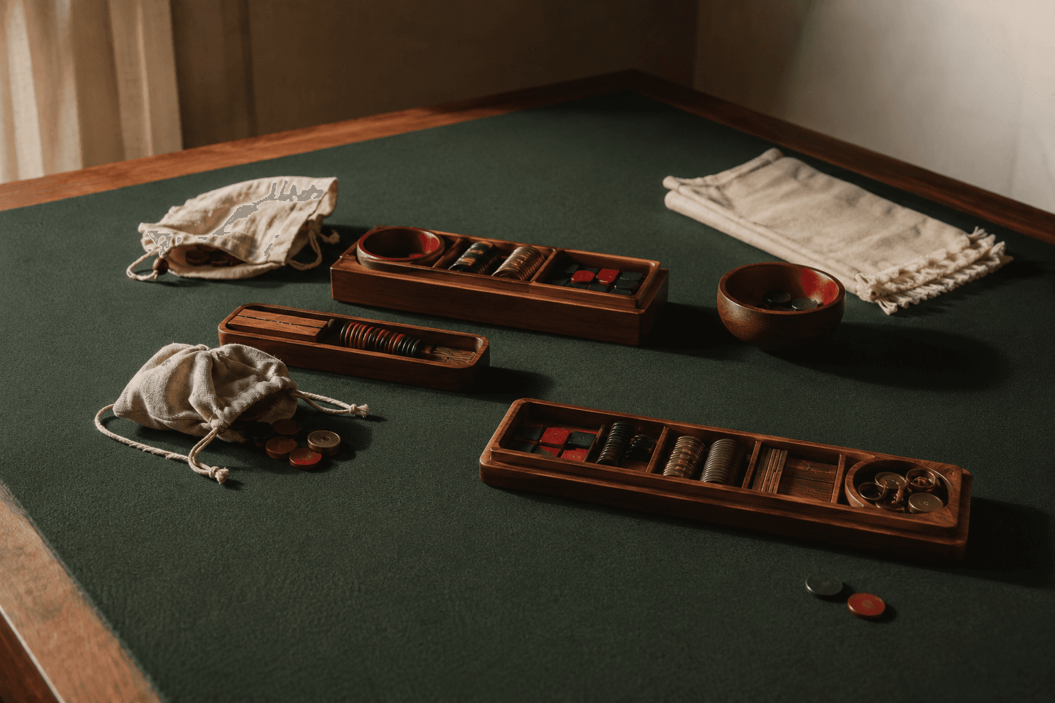 Pieces collection on a dark green club table