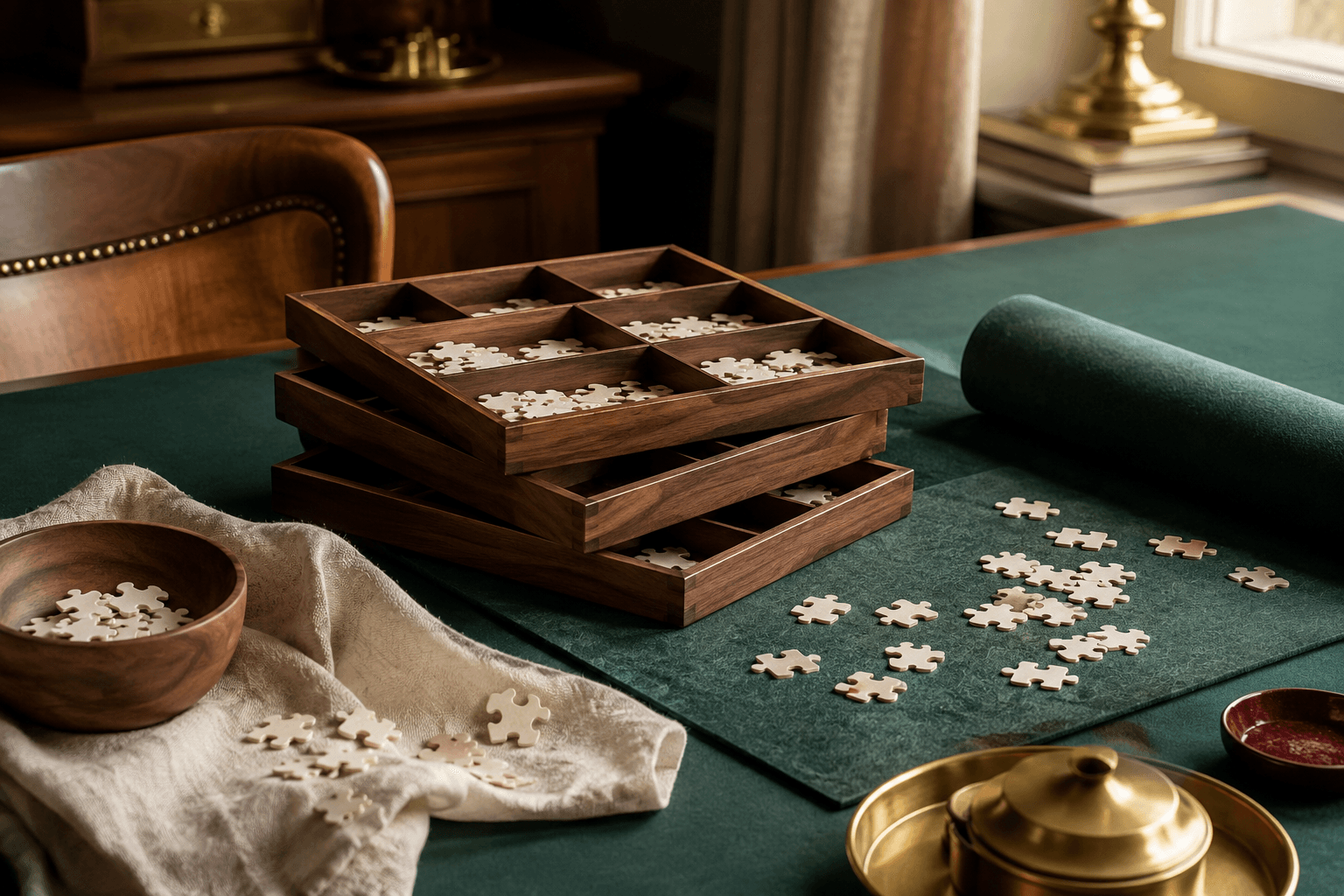Puzzles collection on a dark green club table