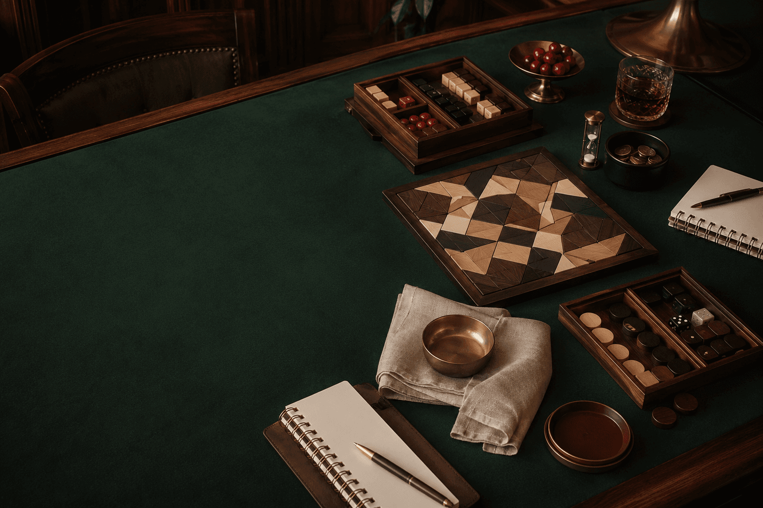 An overhead club table organised with wooden trays, bowls, notebooks and puzzle tools