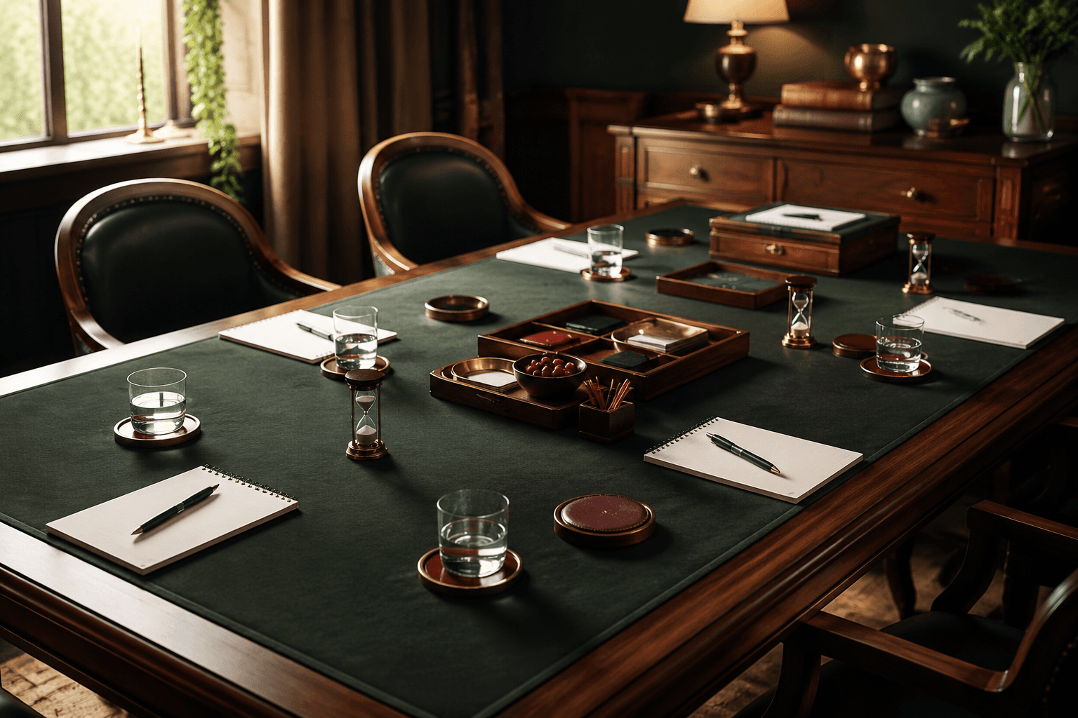 A prepared shared table with coasters, notebooks, timers and trays