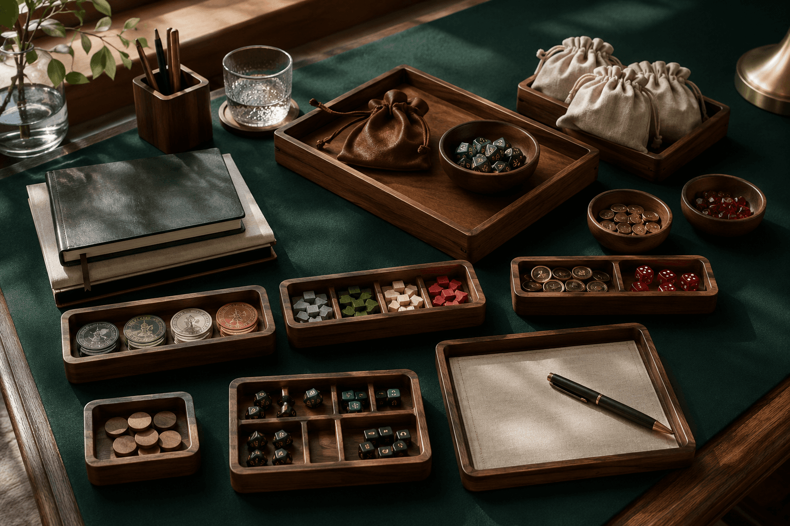 The tabletop after pieces are organised into trays, bowls and pouches