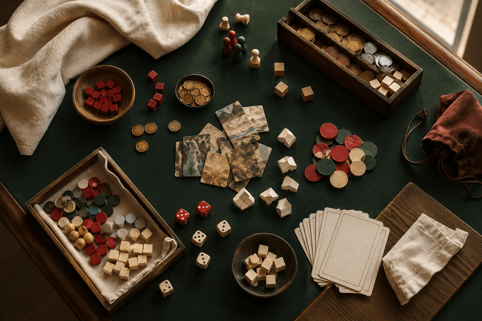 Loose generic tabletop pieces before organisation